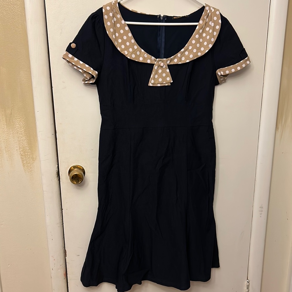 Miusol Women’s Dress Navy/Tan Polka Dot Size 2XL NWT